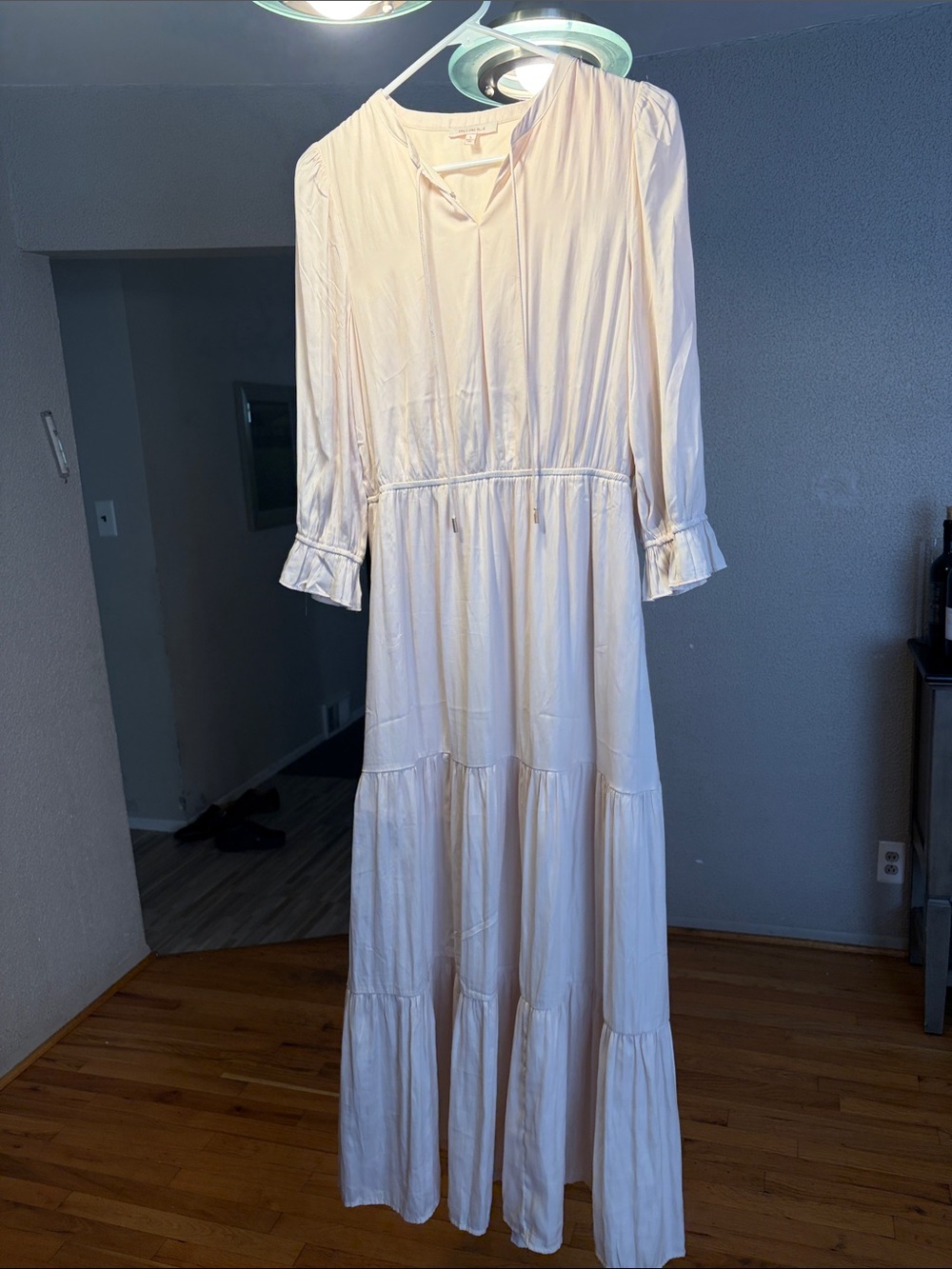 Skies Are Blue Cream Long Tiered Maxi Dress with Drawstring Waist